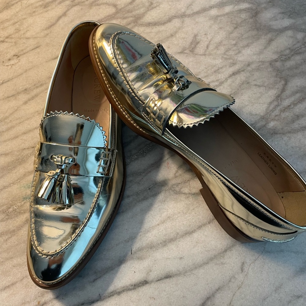 J Crew Metallic Gold loafers Biella Mirrored tassel loafers size 7